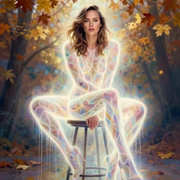 gal gadot by agnes cecile enki bilal moebius, intricated details, sitting on a stool, full body portrait, extremely luminous bright design, pastel colours, drips, autumn lights