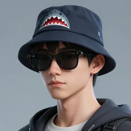 young man in black sunglasses and a shark bucket hat, cyberpunk portrait blender cinema 4 d hideaki anno new media art stanley rene lau beeple james jean marc simonetti elegant highly detailed digital painting artstation 4 k render 1 0 4 0 x 1 0 4 0