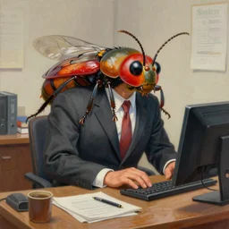 a detailed pastel painting of a man sized bug insect wearing a business suit and working behind the computer in the office. digital art, trending on artstation, 8k, hyper realistic in the style of Grant Wood-n8