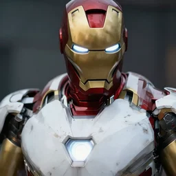 close - up ironman in a white armor, battle damaged, shallow depth of field, moody lighting, 8 k,