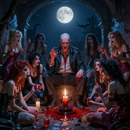 midnight moonlight underground realistic matte painting of wan bald british man surrounded by tweakers!! addicts!! groupies! performing ritual blood!! magic! greg rutkowski artstation hdr vivid color vaporwave ( ( ( ( alphonse mucha ) ) ) )