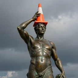 a majestic dark bronze statue with an orange traffic cone on his head