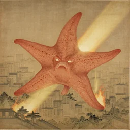 a goryeo era buddhist painting of a kaiju starfish creature, monster over cityscape, light burning through the painting,, ink painting, black and white and red and yellow, glitchy sliced zonal drawing, mirror flare