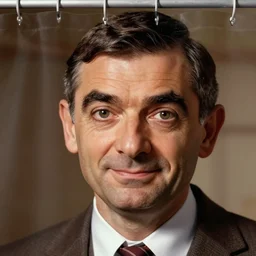 a shower curtain with the face of Mr Bean (Rowan Atkinson)