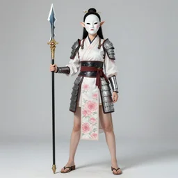 full - bodied portrait, female changeling in rose - patterned eastern light armor, wielding a decorated halberd, wearing sandals, geisha mask, realistic proportions, reasonable fantasy, ghostblade, wlop.