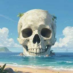 Mysterious skull-shaped island on the horizon, a magical summer, trending on artstation, 50mm, by Noah Bradley