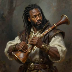 a _ fantasy _ style _ portrait _ painting _ of black male charismatic bard playing instrument, rpg dnd oil _ painting _ unreal _ 5 _ daz. _ rpg _ portrait _ extremely _ detailed _ artgerm _ greg _ rutkowski _ greg
