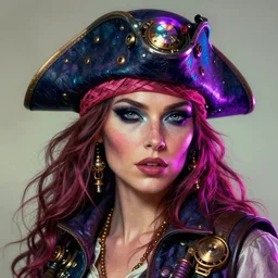 a head and shoulders portrait of a female space pirate, neon, retro, steampunk, smooth, sharp focus, intricate, artstation, detailed concept art by Greg Rutkowski and Norman Rockwell and artgerm