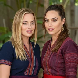 portrait of margot robbie and gal gadot wearing southeast asian traditional dress, by charlotte grimm, natural light, detailed face, canon eos c 3 0 0, ƒ 1. 8, 3 5 mm, 8 k, medium - format print