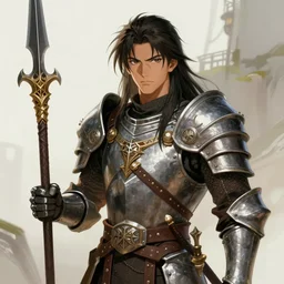 A realistic anime portrait of a young handsome male barbarian with long wild hair, intricate fantasy spear, plated armor, D&D, dungeons and dragons, tabletop role playing game, rpg, jrpg, digital painting, by Yoshitaka Amano and Ayami Kojima and Akihiko Yoshida, digtial painting, trending on ArtStation, SFW version