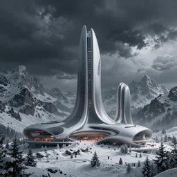 futuristic atmosphere in the snowy mountains dolomites 3 d concept art, cinematic lighting, rule of thirds, depth of field, intricate details, building by zaha hadid, stormy weather, emissary space by arthur haas and bruce pennington and john schoenherr, cinematic matte painting, red glowing eyes, dark moody colors, trending on artstation, featured on behance
