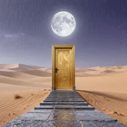 in the rain, a lonely epic door stands on the gobi desert, in which the winding stone steps leading to the moon palace. octane render, ultra wide view, slr camera. 8 k. grey blue, light gold and dark purple color scheme.