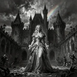 By Tom Bagshaw and Boris Vallejo, ultra realist soft painting of a castle court by night female fully dressed, horror, omnious sky, symmetry accurate features, very intricate details, fading rainbow light, black and white, volumetric light clouds, artstation, 8K