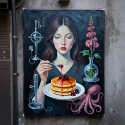 a portrait in a dark laneway in tokyo, a woman holding pancakes, berries dripping, scientific instruments, ikebana, octopus, neo - expressionism, surrealism, acrylic and spray paint and oilstick on canvas
