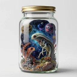 glass jar with rich and very beautiful cosmic sci-fi alien space life inside zoological scientific illustration, made by Ernst Haecke