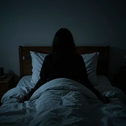 in front of the bed in the semi - darkness there is a frightening silhouette, a view from the bed, realism, sleep paralysis