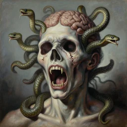 a painting of a screaming decapitated man's withered face and blank eye sockets with biting serpents swarming out of his exposed brain, a surrealist painting, polycount, surrealism, surrealist, lovecraftian, cosmic horror