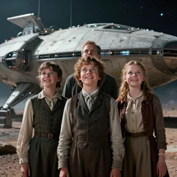 extremely sharply detailed, from blockbuster 9 6 k sci fi color movie freeze frame, set in 1 8 6 0, family standing in front of a crashed spaceship, on alien planet, looking happy, wearing 1 8 5 0 s era clothes, atmospheric lighting, in focus, reflective eyes, - 9 9 mm macro lens, live action, nice composition, good photography, clear facial details