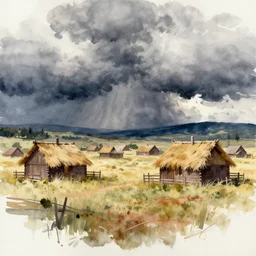 paint brush strokes, abstract watercolor painting of american frontier western viking town, straw roof, storm, cinematic light, american romanticism by hans dahl, by jesper ejsing, by anders zorn, by greg rutkowski, by greg manchess, by tyler edlin