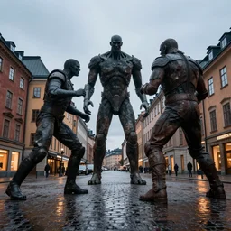 mobile photo of huge golems fighting in the city centre of stockholm, sweden. dusk after the rain.