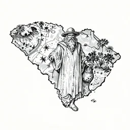 An old god corrupted map of South Carolina, Ink drawing by Deven Rue, fine point pen