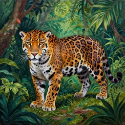 a velvet painting of a colorful jaguar in a jungle