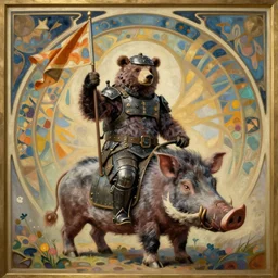 Armoured Bear holding a Flag riding on a Warthog, art nouveau, painting, fantastic picture, dramatic, cinematic, centered