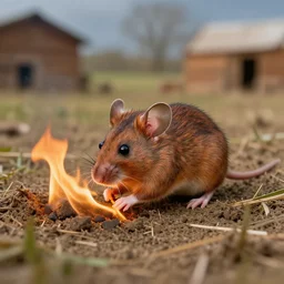 a mouse on fire in a farm, realistic photograph