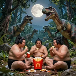 photo, neanderthal people, sumo japanese, eating inside mcdonalds, surrounded by dinosaurs!, gigantic forest trees, sitting on rocks, bright moon