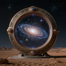 a circular stargate leads to another galaxy in the middle of the desert at night, ominous, cinematic shot, realistic, photography, photorealisic, fantasy, ornate, intricate detail, epic, high definition, 8 k, midjourney, artstation