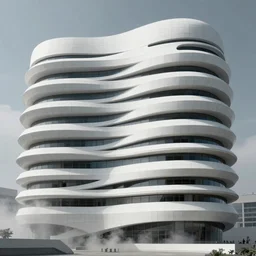 giant parametric building that is white, horizontal, fluid form, complex | cinematic, hyper realistic, crazy detail, smoke geometry, artstation, hyper realistic, super detail