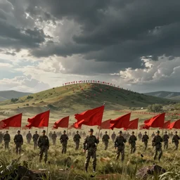 an army holding red flags over plains and hill, digital art, dramatic, cinematic, 8 k, high - resolution, trending on artstation