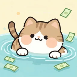 Cat with big Inflated cheeks swimming in money, cartoon,
