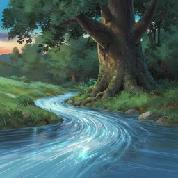 shimmering river flowing through a giant ancient tree, serene evening atmosphere, soft lens, soft light, cel - shading, animation, in the style of cgsociety, deviantart, artstation, zbrush, cinema 4 d, studio ghibli, akihiko yoshida, atelier lulua, masamune shirow