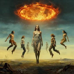concept art, cinematic shot, high details, lost world, soul, 8K, Salvador Dalì , floating people in the center with a circle's fire in the sky , lost humanity