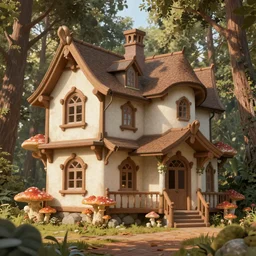 an elvish house in the Woods, fantasy, art nouveau, architecture, fungi, daylight, warm light, spring, studio ghibli, Moebius, alphonse mucha, siya oum, ultra detailed, High definition, Sharp