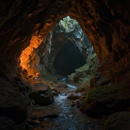 inside of a dark cave, small water stream, dim light from orange minerals!!!, fantasy, art by greg rutkowski