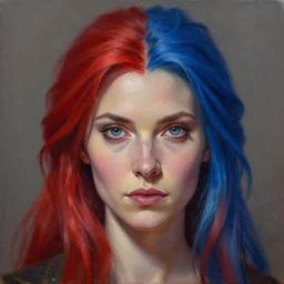 a detailed matte oil on canvas head on symmetrical portrait of a distinguished elven woman with red blue hair by charlie bowater, lise deharme, wlop, trending on artstationhd, dungeons and dragons art critical role, half and half hair dye, split hair dye, two tone hair dye, dye hair
