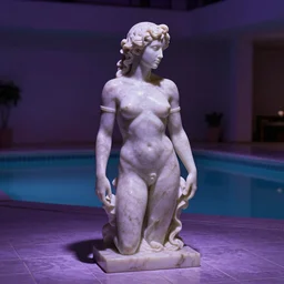 awe - inspiring award - winning frank frazetta marble statue of keiko ageno in a room with tiled surfaces and a swimming pool, realistic, photo real, smooth, sharp, intricate detail, dramatic lighting, extremely moody purple lighting, glowing light and shadow, atmospheric, shadowy, cinematic, 8 k