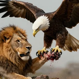 eagle with sharp talons gripping into the bleeding arm of a lion, hyper detailed, masterpiece, artstation, advanced lighting technology, stylized yet realistic surrealism, 4 k wallpaper