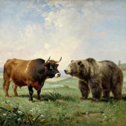 a painting of a bull and a bear having a staring contest in the meadow, by George Stubbs, 1787