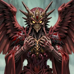 4K headshot of mothman with defined hands and bloody clothes with giant wings , intricate face , flawless anime cel animation by Kentaro Miura,psychedelic , highly detailed upper body , professionally post-processed , beautiful, scary, symmetry accurate features, epic, octane rendered, anime masterpiece, accurate
