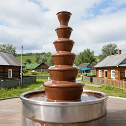 chocolate fountain in the center of the russian village