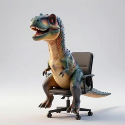 an anthropomorphic dinosaur from jurassic world sitting on a chair in a photoshoot studio