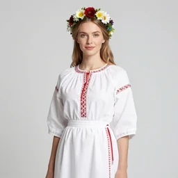 a photograph of beautiful nordic woman wearing a white folkdrakt dress, she has a summer flower headband. against a teal studio backdrop. medium close - up. strong kodak portra 4 0 0 film look. film grain.