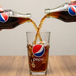 Coca Cola and Pepsi being poured into the same glass with a peace sign