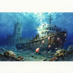 incredible wide screenshot, ultrawide, simple watercolor, rough paper texture, ghost in the shell movie scene, underwater westminster, backlit shot, underwater, boat wreck, bouys, fishing net, fish shoal, reef, boulders, pencil marks, shinjuku, koji morimoto, katsuya terada, masamune shirow, tatsuyuki tanaka hd, 4 k, remaster, dynamic camera angle, deep 3 point perspective, fish eye, dynamic lighting