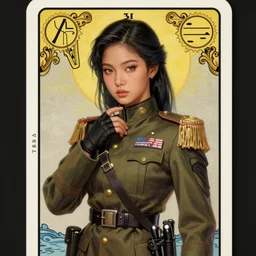 jossi of blackpink, female soldier, tarot card, highly detailed, digital painting, smooth, sharp focus, illustration, ultra realistic, 8 k, art by artgerm and alphonse mucha