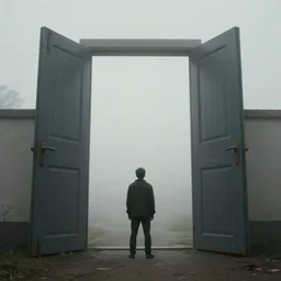a man standing front of a huge door opening, foggy, concept art, 8 k detailed, wide lens