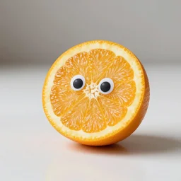 realistic photo orange slice with smiling googley face on a table